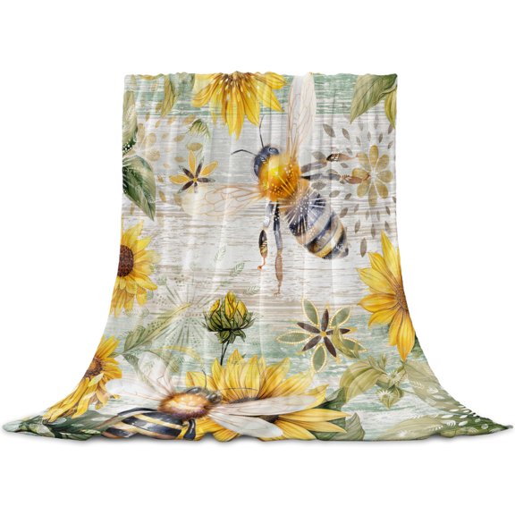 Sunflower Bee Throw Blanket for Couch, Soft Lightweight Flannel Fleece Blanket, Vintage Summer Botanical Farmhouse Microfiber Plush All Season Decorative Blankets Gifts for Sofa Office Lap 30"x40"