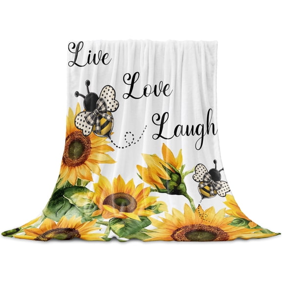 Sunflower Bee Throw Blanket for Couch,Soft Lightweight Flannel Fleece Blanket,Vintage Yellow Floral Farmhouse Watercolor Microfiber Plush All Season Decorative Blankets for Sofa Office Lap 30"x40"