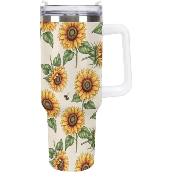 Sunflower Bee Tumbler Flower Art Travel Mug | 40 OZ Tumbler with Handle and Straw Travel Mug Double Wall Vacuum Insulated Coffee Cup Birthday Gifts for Women