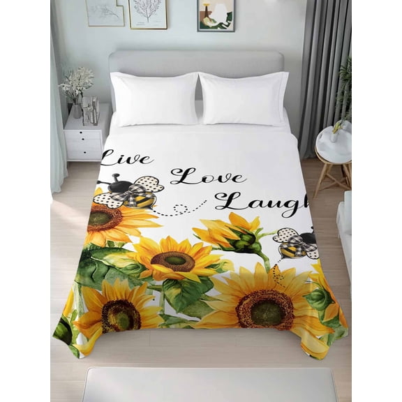 Sunflower Bee Twim XL Size Flat Sheet, Wrinkleproof & Fadeproof Cooling Flat Bed Sheet Only, Vintage Yellow Floral Farmhouse Watercolor Breathable Soft Bedding Top Sheets 66 x 102 Inches