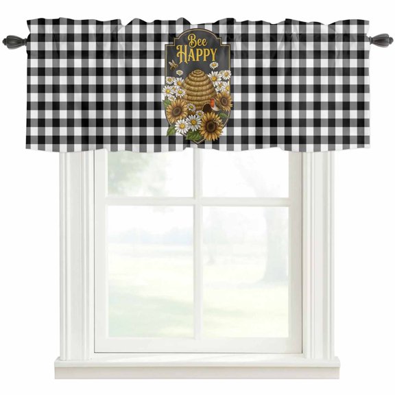 Sunflower Bee Valances for Windows Farmhouse Kitchen Curtains Valances Rod Pocket Valance Curtains for Windows Spring Summer Daisy Floral Black Plaid Window Valances for Bathroom Bedroom 42"x12"