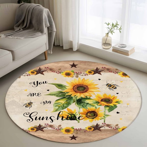 Sunflower Bee Washable Round Area Rug 3 ft, You Are My Sunshine, Soft Non Slip Rugs Stain Repellent Indoor Felt Carpet for Living Dining Room Bedroom Home Office