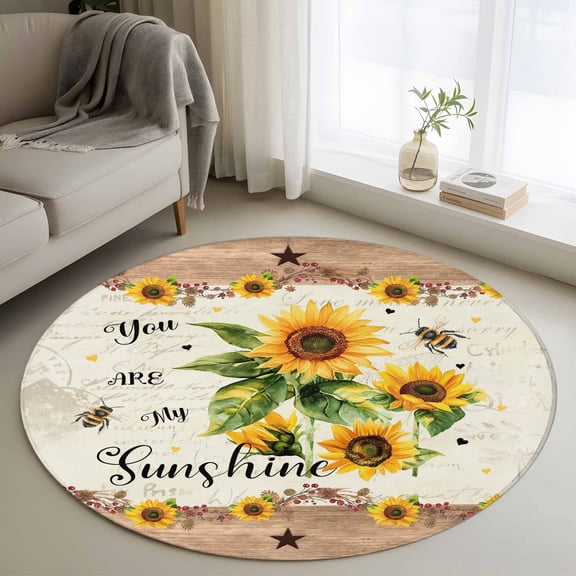 Sunflower Bee Washable Round Area Rug 3 ft, You Are My Sunshine, Soft Non Slip Rugs Stain Repellent Indoor Felt Carpet for Living Dining Room Bedroom Home Office