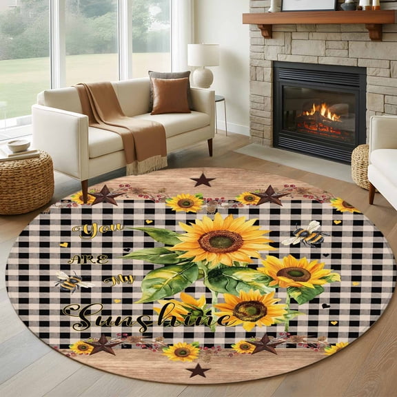 Sunflower Bee Washable Round Area Rug 8 ft, You Are My Sunshine, Soft Non Slip Rugs Stain Repellent Indoor Felt Carpet for Living Dining Room Bedroom Home Office