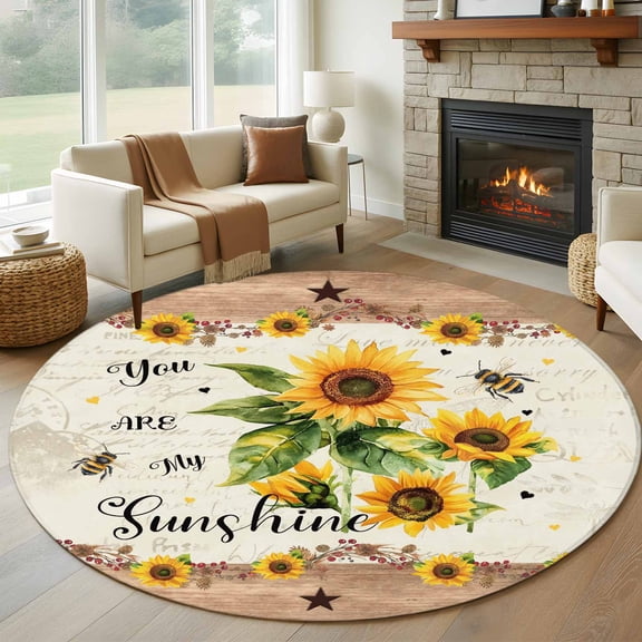 Sunflower Bee Washable Round Area Rug 8 ft, You Are My Sunshine, Soft Non Slip Rugs Stain Repellent Indoor Felt Carpet for Living Dining Room Bedroom Home Office