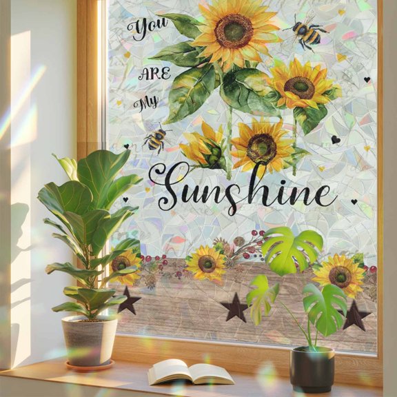 Sunflower Bee Window Privacy Film, You Are My Sunshine Stained Glass Rainbow Film Decorative Window Clings, Static Cling Sun Blocking Stickers 23.6" x 59"