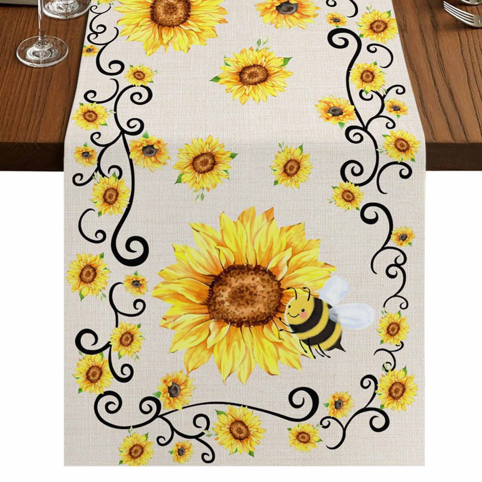 Sunflower Bees Burlap Cotton Table Runner 13x90 Inches Long, Spring Summer Farmhouse Floral Beige Burlap Farmhouse Table Runners, Outdoor Dining Tablecloths Decor for Baby Shower/Party/Wedding