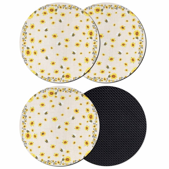 Sunflower Bees Coasters Set of 4, Absorbent Coasters for Drinks, Spring Summer Farmhouse Floral Beige Burlap Coaster for Desk Coffee Table Protection, Home Decor House Warming Gifts 4"