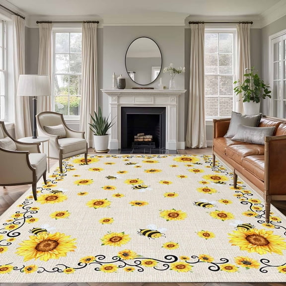 Sunflower Bees Large Area Rug 8x10 FT, Non Slip Living Room Throw Carpet, Spring Summer Farmhouse Floral Beige Burlap Washable Soft Indoor Outdoor Carpet Non-Shedding Rug for Bedroom Dining Room