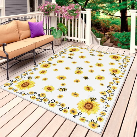 Sunflower Bees Outdoor Rug 3x5 Ft, Non Slip Washable Area Rug, Spring Summer Farmhouse Floral Watercolor Patio Rugs Carpet Runner, Large Floor Mat for Indoor/Outdoor Deck Porch Camping