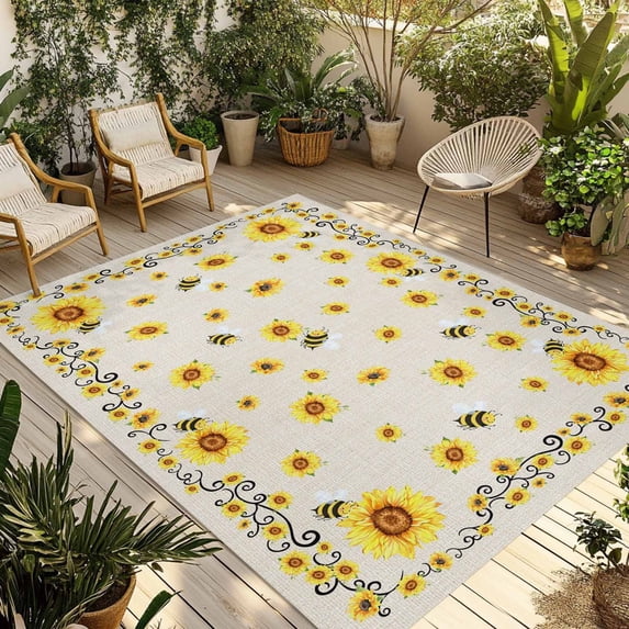 Sunflower Bees Outdoor Rug for Patio/Deck/Porch, Non-Slip Large Area Rug 6 x 9 Ft, Spring Summer Farmhouse Floral Beige Burlap Indoor Outdoor Rugs Washable Area Rugs, Camping Rug Carpet Runner