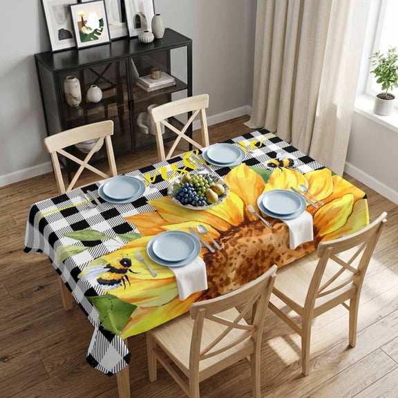 Sunflower Bees Rectangle Tablecloth 52x70 Inch Black White Buffalo Check Plaid Waterproof Polyester Tablecloth for Dining Table, Washable Table Cover for Kitchen Dining Room Wedding,Stain Resistant
