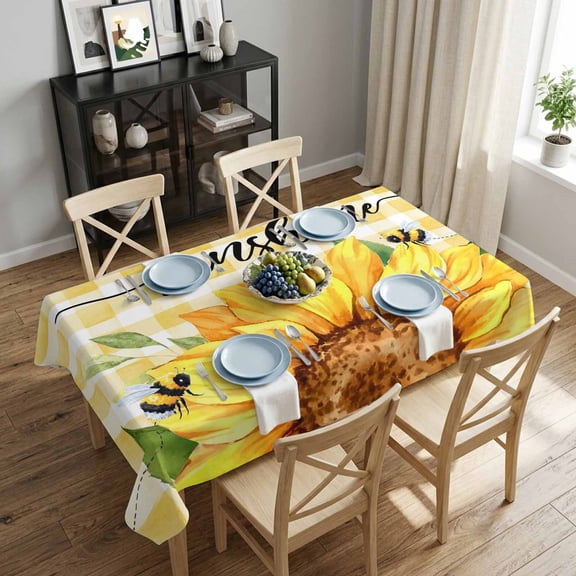 Sunflower Bees Rectangle Tablecloth 52x70 Inch Yellow Buffalo Check Plaid Waterproof Polyester Tablecloth for Dining Table, Washable Table Cover for Kitchen Dining Room Wedding,Stain Resistant