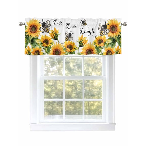 Sunflower Bees Valances for Windows, Rod Pocket Kitchen Valance Curtains - Soft & Washable Small Window Treatment for Living Room, Bathroom, Spring Summer Flower , 42x12 Inch, 1 Panel
