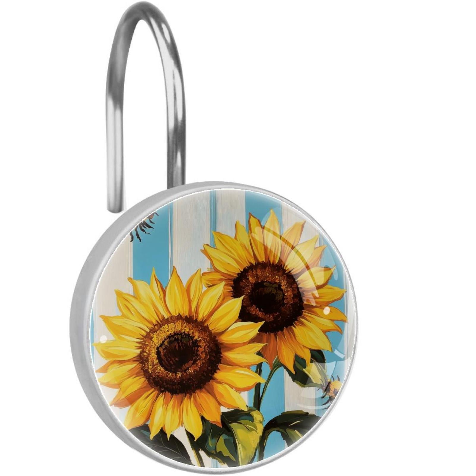 Sunflower Bees on Blue White Stripes Shower Curtain Hooks Round Crystal Glass, Set of 12 Shower Curtain Rings - Shower Hooks for Curtain Shower Rings