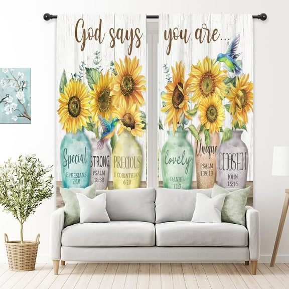 Sunflower Bible Verse Curtains Christian Quotes Farmhouse Rustic Floral Flower Scripture Rod Pocket Retro Hummingbird Wooden Plant Bedroom Living Room Treatment Fabric 2 Panels 42Wx63H Inch