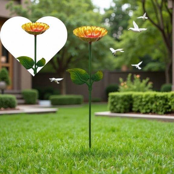 Sunflower Bird Bath with Metal Stake Decorative Metal Bird Feeder Bowl Weather Resistant Standing Birdbath for Outdoor Garden Backyard Wild Birds 25.2"