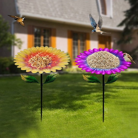 Sunflower Bird Bath with Garden Stake, Metal Bird Feeder & Birdbath, Decorative Outdoor Yard Decor for Patio & Lawn (Purple)