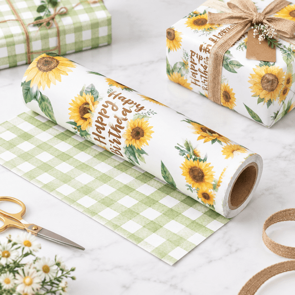 Sunflower Birthday Reversible Gift Wrap Paper Roll, 17.5" x 26 Ft