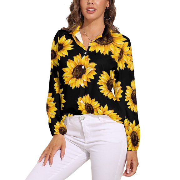 Sunflower Black Background Long Sleeve Blouse Woman Streetwear Casual Shirts Summer Oversize Woman Streetwear Clothing Birthday Present
