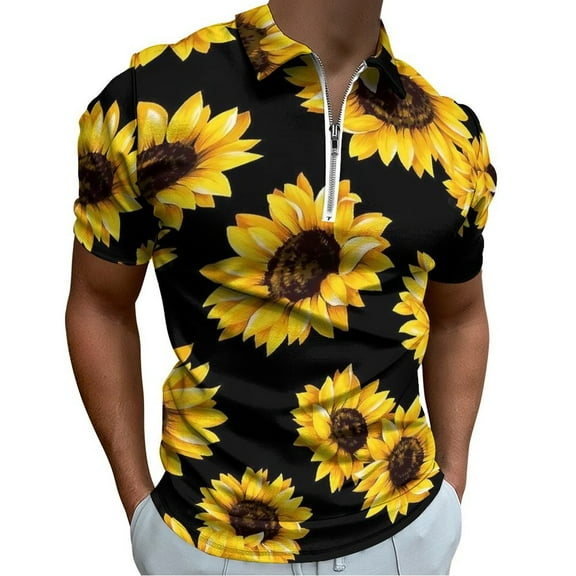 Sunflower Black Background Men Zipper T-shirt Summer Casual Short Sleeve T-shirt Top