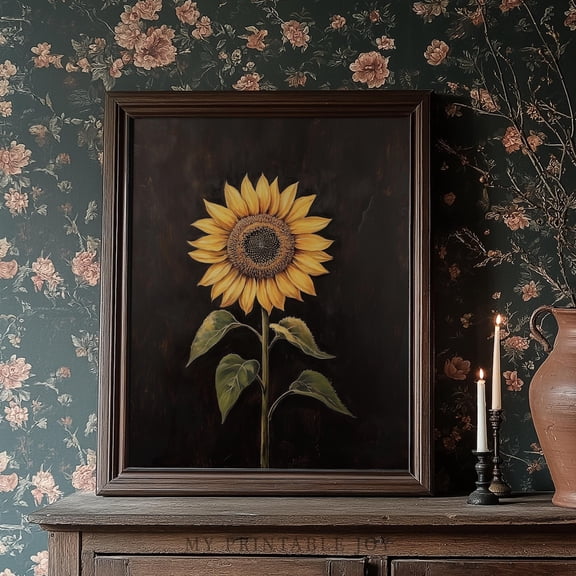 Sunflower Black Background Wall Art Print, Bold Botanical Decor