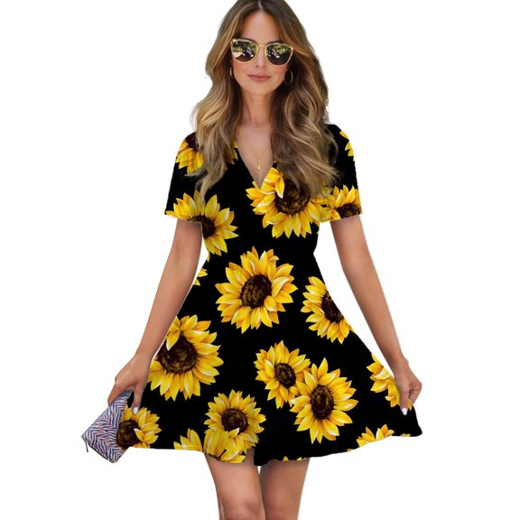 Sunflower Black Background Women Dress V-Neck Short Sleeve Flowy Swing Party Midi Dress