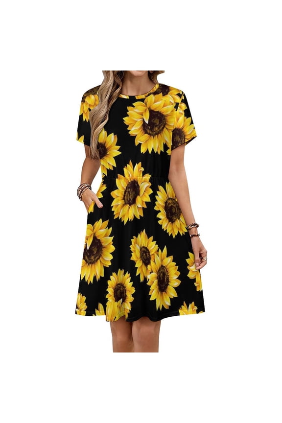 Sunflower Black Background Women's Dress Short Sleeve Summer Sundress Summer Women Clothes