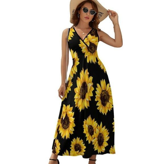 Sunflower Black Background Womens Night Club Maxi Dress V Neck Sleeveless Bohemia Long Dresses