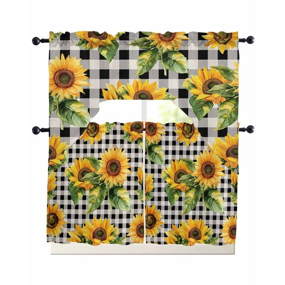 Sunflower Black Check Kitchen Curtains Swag Valance and Tier Curtains Set 36 Inch Length, Spring Summer Flowers Botanical Rod Pocket Drape Panels Pair Swag Curtain for Bathroom/Cafe/Window
