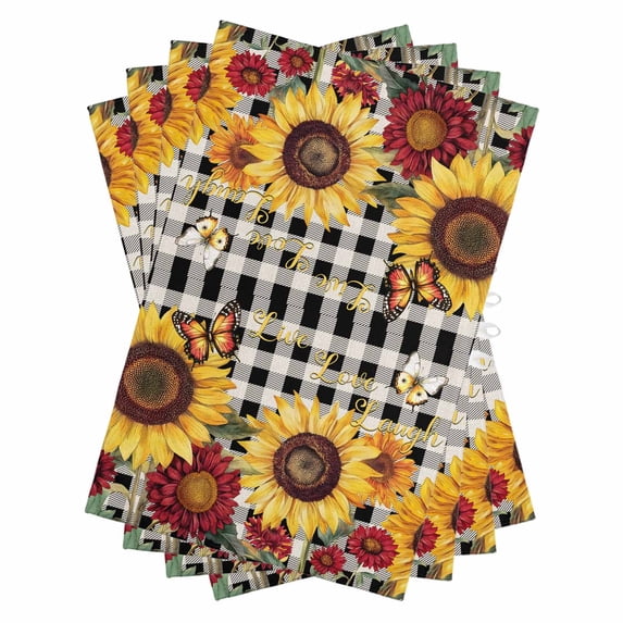 Sunflower Black Check Kitchen Towels Set of 4, Water Absorbent Dish Towel, Farmhouse Flowers Butterfly Decorative Hand Towels - Quick Drying Cloth for Cooking Baking, 18x28 Inch