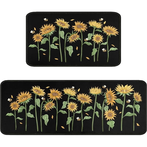 Sunflower Black Kitchen Mat Set - Spring Summer Non-Slip Absorbent Sink Mat, Waterproof Runner Rug for Laundry Room, Set of 2 (17x30+17x48), Perfect for Brightening Up Your Kitchen