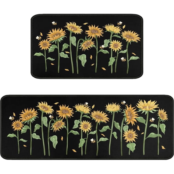 Sunflower Black Kitchen Rugs and Mats Set of 2, Spring Summer Kitchen Mat Non Slip Absorbent Mat for Sink Waterproof Runner Rug for Laundry room17 x30+ 17"x48"
