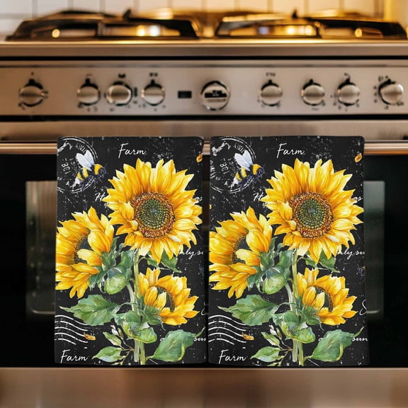 Sunflower Black Kitchen Towels Set of 1, Vintage Farm Bee Black White Plaid Absorbent Dish Towels for Kitchen, Microfiber Hand Towel, Quick Drying Tea Towel for Cleaning Decorative Dishcloths