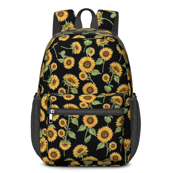 Sunflower Black Pattern 17" Waterproof Oxford School Backpacks for Teens, S-Shape Padded Straps, for School, Travel, Hiking, Camping