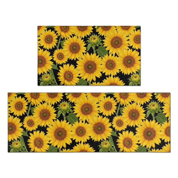 Sunflower Black Pattern Anti Fatigue Kitchen Rugs Set Of 2, Non Slip Washable Decorative Floor Mats for Kitchen Sink Laundry, 17"x30" and 17"x47"