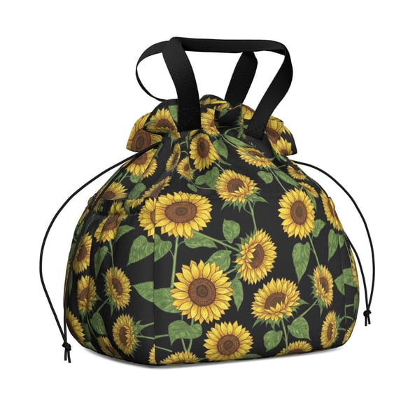 Sunflower Black Pattern Drawstring Insulated Lunch Bag for Women, Stain-Resistant Large Lunch Tote with Multi-Pockets for Work Office