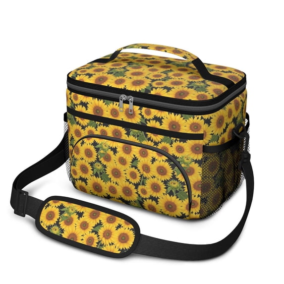 Sunflower Black Pattern Insulated Lunch Box for Women Men, Medium Leakproof Cooler Bag with Adjustable Strap, 10"x6.7"x8"