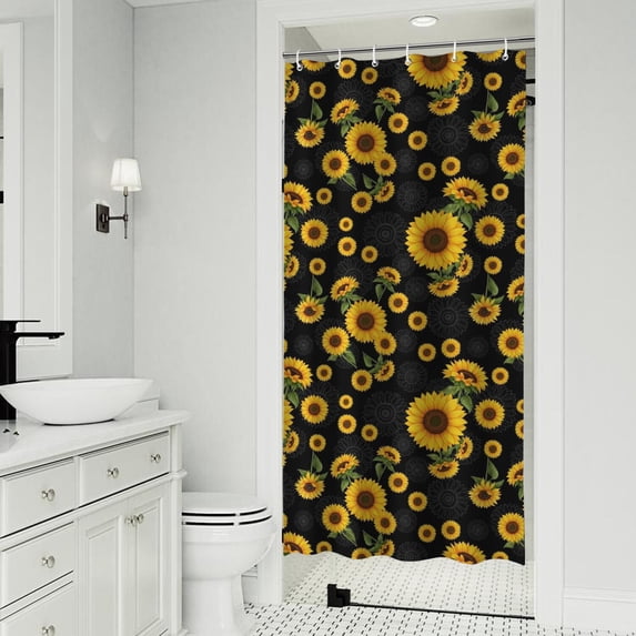 Sunflower Black Pattern Modern Waterproof Shower Curtain Set with 12 Hooks, Washable Decorative Bathroom Shower Curtain