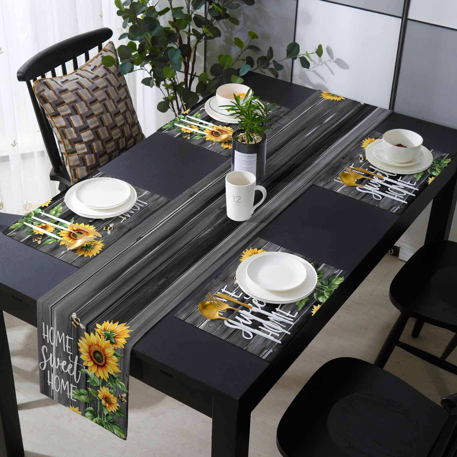 Sunflower Black Placemats Set of 6 with 90 Inches Long Table Runners ...