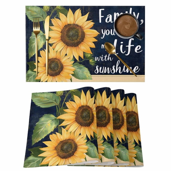 Sunflower Black Placemats Set of 6 Vintage Yellow Floral Botanical Plant Place Mats Indoor Wipeable Table Mats Washable Cloth Dining Table Placemats for Kitchen Holiday Party Home Decor 13x19 Inch