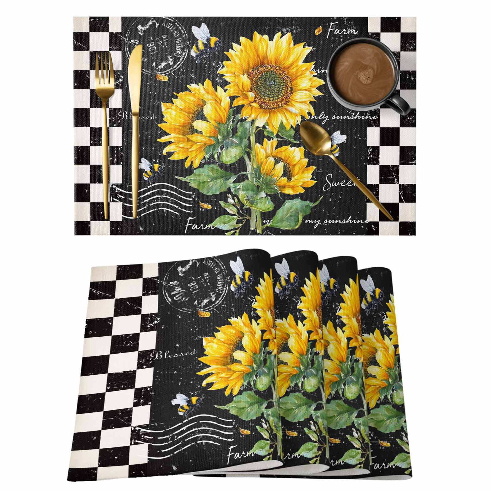 Sunflower Black Placemats Set of 8, Vintage Farm Bee Black White Plaid ...