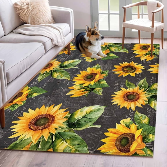 Sunflower Black Retro Area Rug 4x6 Washable Rug Non Slip Spring Summer Flowers Botanical Large Area Rug Indoor Floor Carpet for Entryway Bedroom Kitchen Living Room Home Office Dining Room Nursery