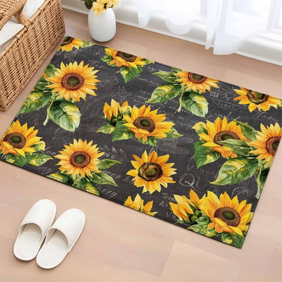 Sunflower Black Retro Bathroom Rug Washable 2x3 Entryway Rug Non Slip Spring Summer Flowers Botanical Front Door Mat Low Pile Indoor Doormat Throw Floor Carpet for Kitchen Bedroom Entrance