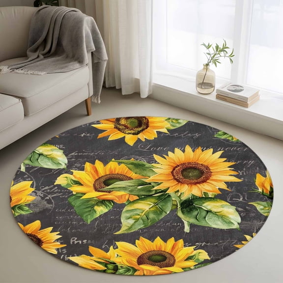 Sunflower Black Retro Round Rug 3ft Washable Circle Entryway Rugs Non Slip Spring Summer Flowers Botanical Area Rug Indoor Floor Carpet for Bedroom Kitchen Living Room Home Office Dining Room Nursery