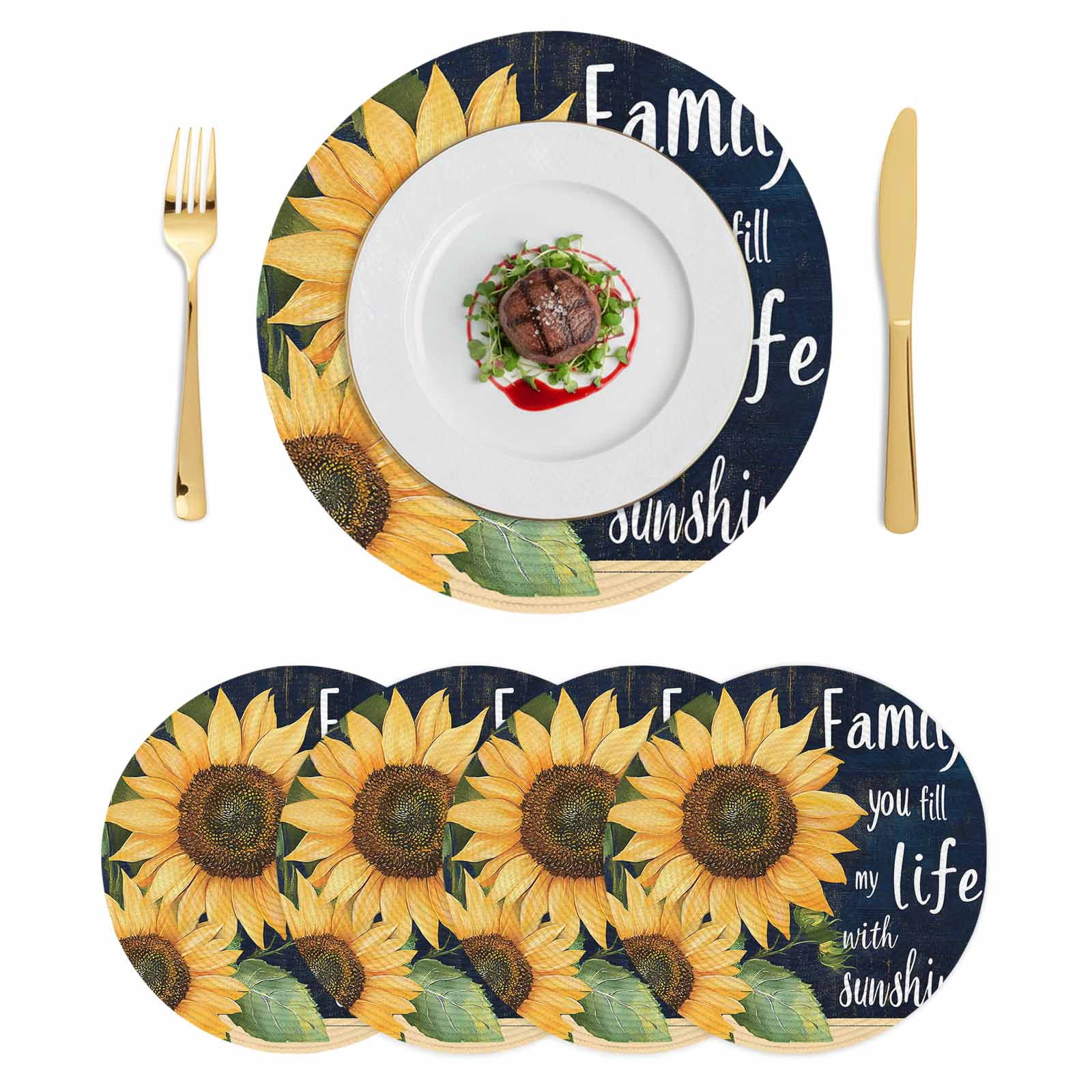 Sunflower Black Round Placemats Set of 4 Vintage Yellow Floral ...
