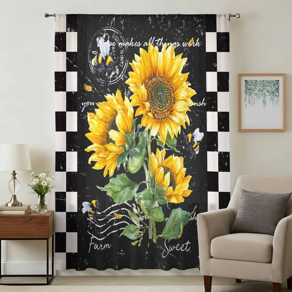 Sunflower Black Sheer Curtains 72 Inches Long, Vintage Farm Bee Black White Plaid Light Filering Curtains, Breathable Simi Curtain Privacy Drapes for Living Room Bedroom Lightweight Window Treatment