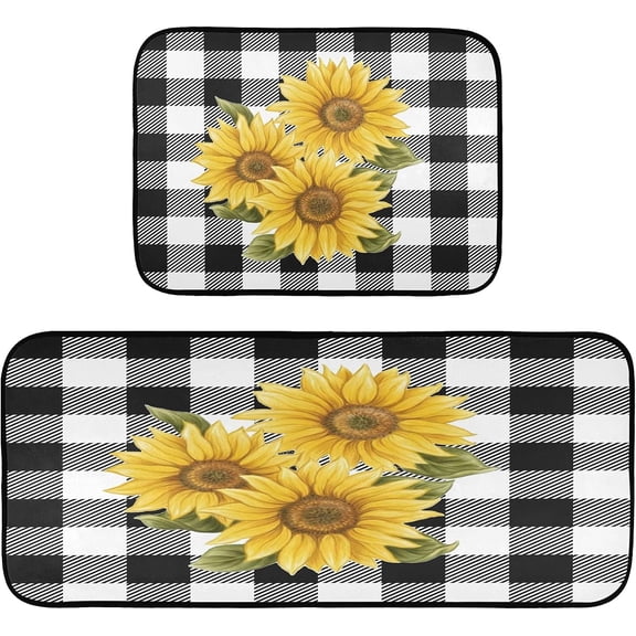 Sunflower Black White Buffalo Plaid Kitchen Mats Yellow Floral Lumberjack Check Kitchen Rugs Runner Laundry Rug Non Slip Floor Door Mats Soft Doormats Carpet Home Decor Set of 2