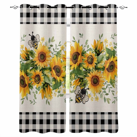 Sunflower Blackout Curtains 63 Inches Long for Bedroom, Summer Botanical Bee Rustic Black Plaid Thermal Insulated Room Darkening Black Out Window Curtain Panels Grommet Drapes for Living Room
