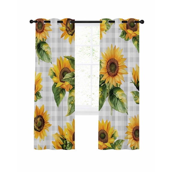 Sunflower Blackout Curtains 63 Inches Long, Yellow Sunflower Floral Green Leaf Light Grey Buffalo Plaid 2 Panels, Thermal Insulated Room Darkening Drapes with Grommets, 42W x 63L Each Panel